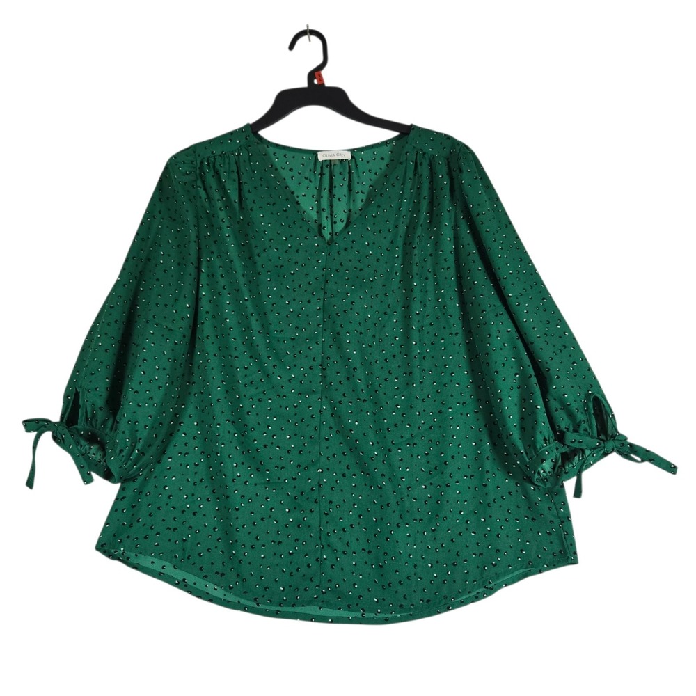 Olivia Grey Popover Blouse Womens Large Green Black Print V Neck 3/4 Sleeves